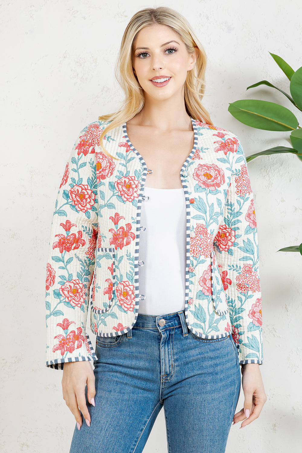 Floral Print Quilted Cotton Jacket - WHITE