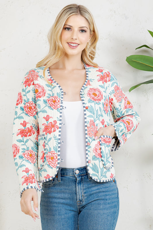Floral Print Quilted Cotton Jacket - WHITE