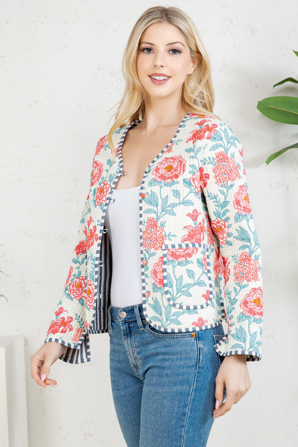 Floral Print Quilted Cotton Jacket - WHITE