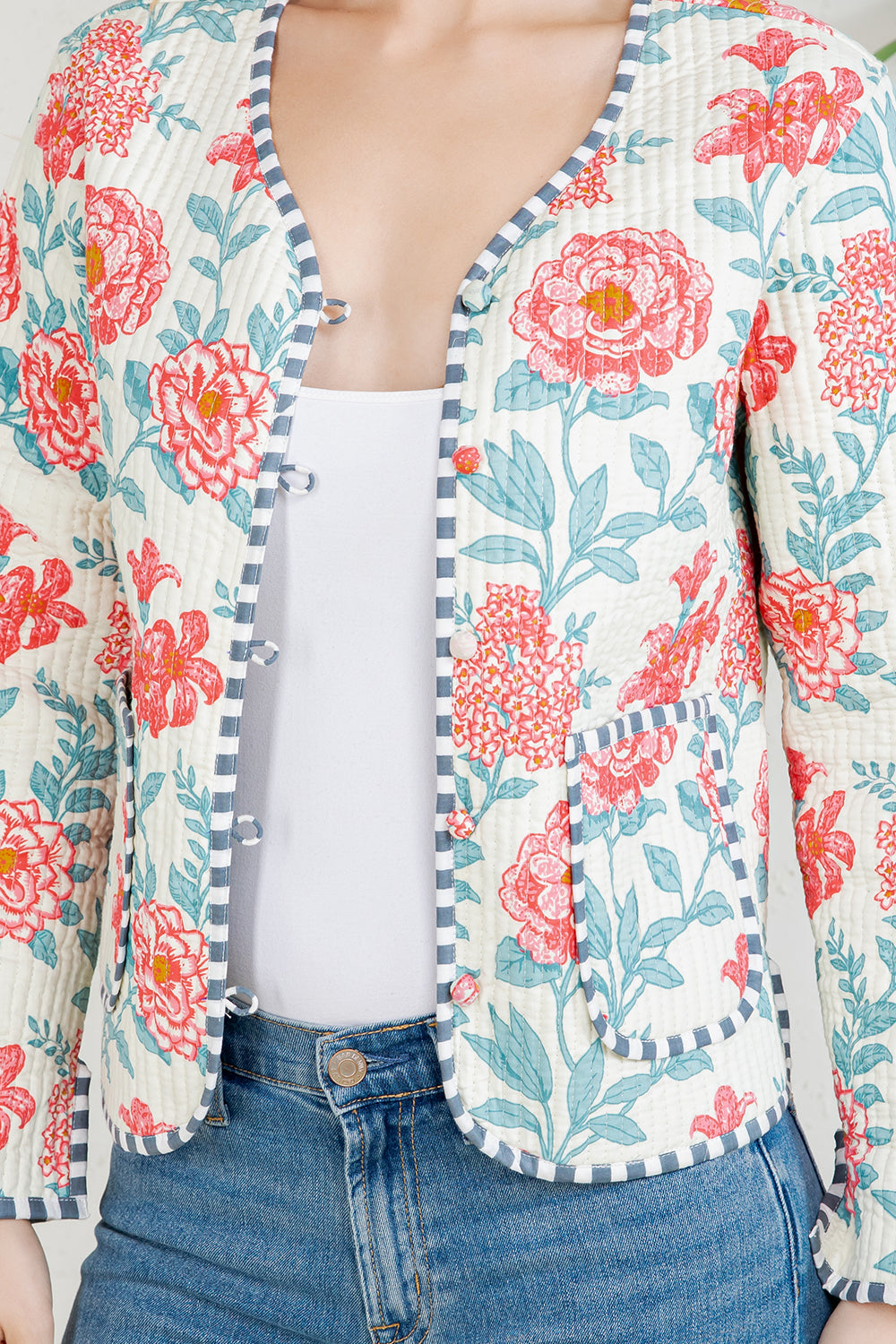 Floral Print Quilted Cotton Jacket - WHITE