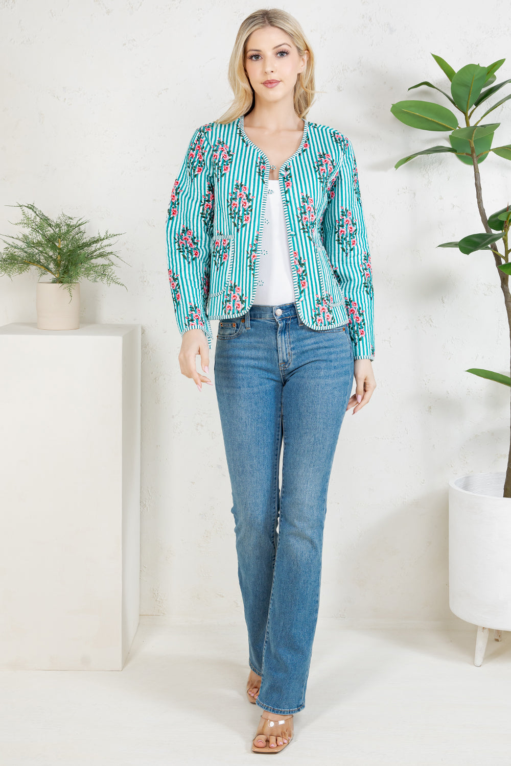 Floral Print Quilted Cotton Jacket - GREEN