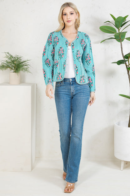 Floral Print Quilted Cotton Jacket - GREEN