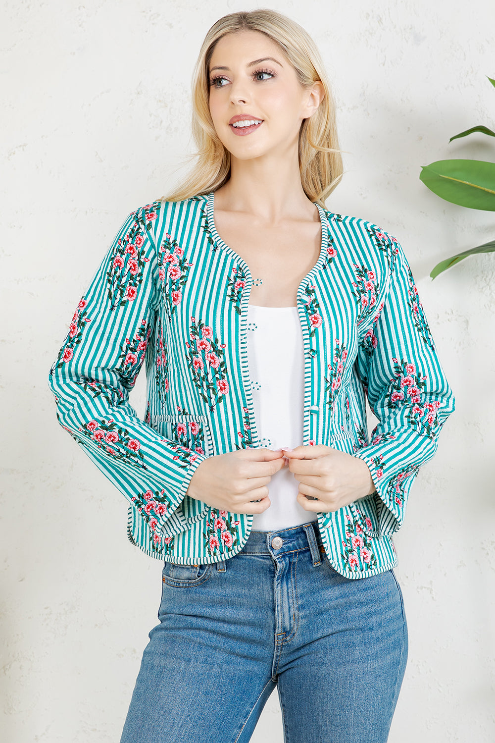 Floral Print Quilted Cotton Jacket - GREEN