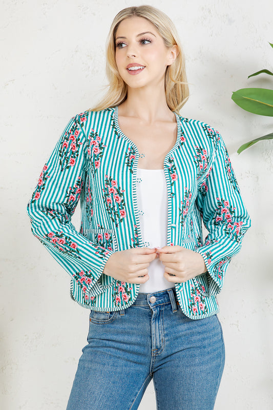 Floral Print Quilted Cotton Jacket - GREEN