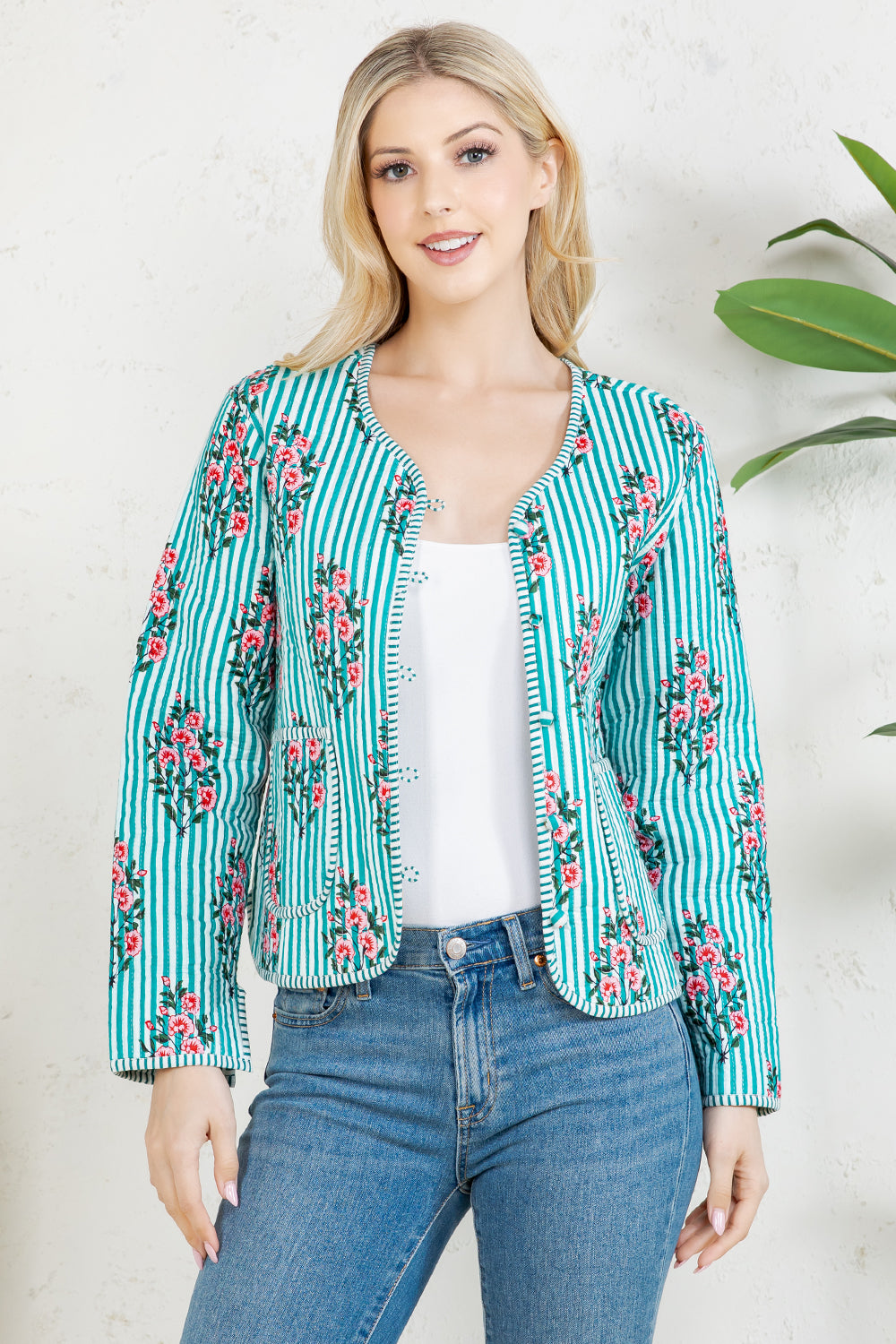Floral Print Quilted Cotton Jacket - GREEN