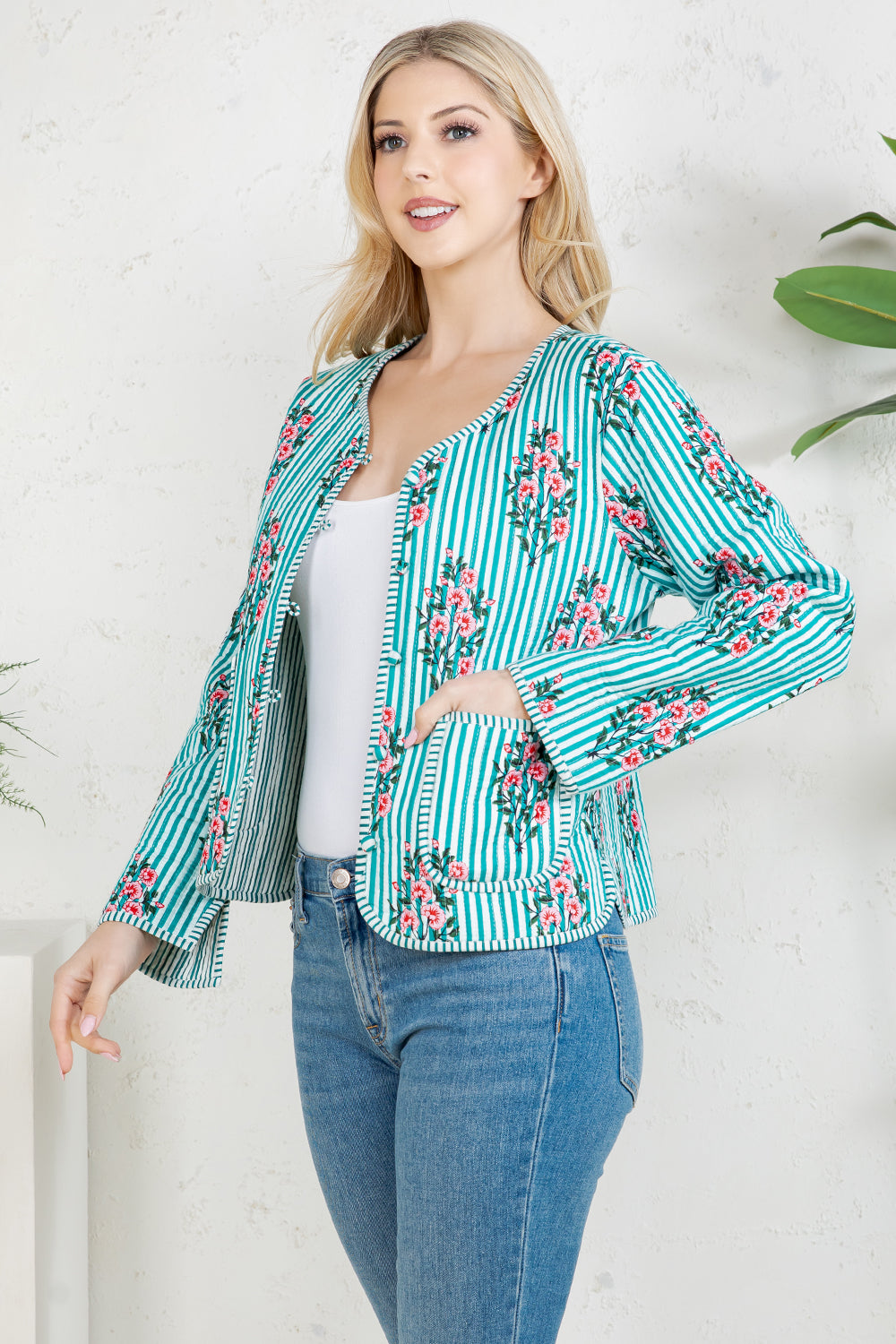 Floral Print Quilted Cotton Jacket - GREEN