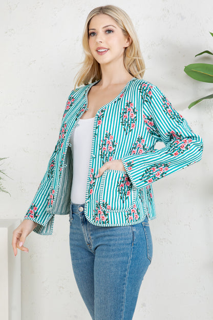Floral Print Quilted Cotton Jacket - GREEN