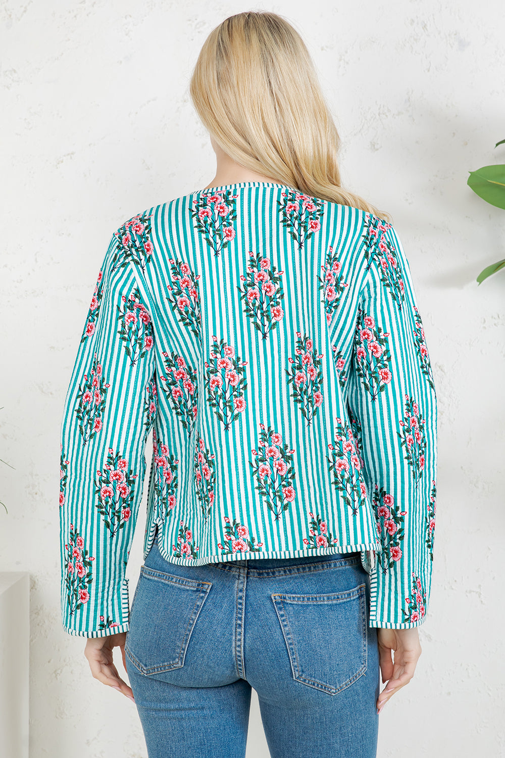 Floral Print Quilted Cotton Jacket - GREEN