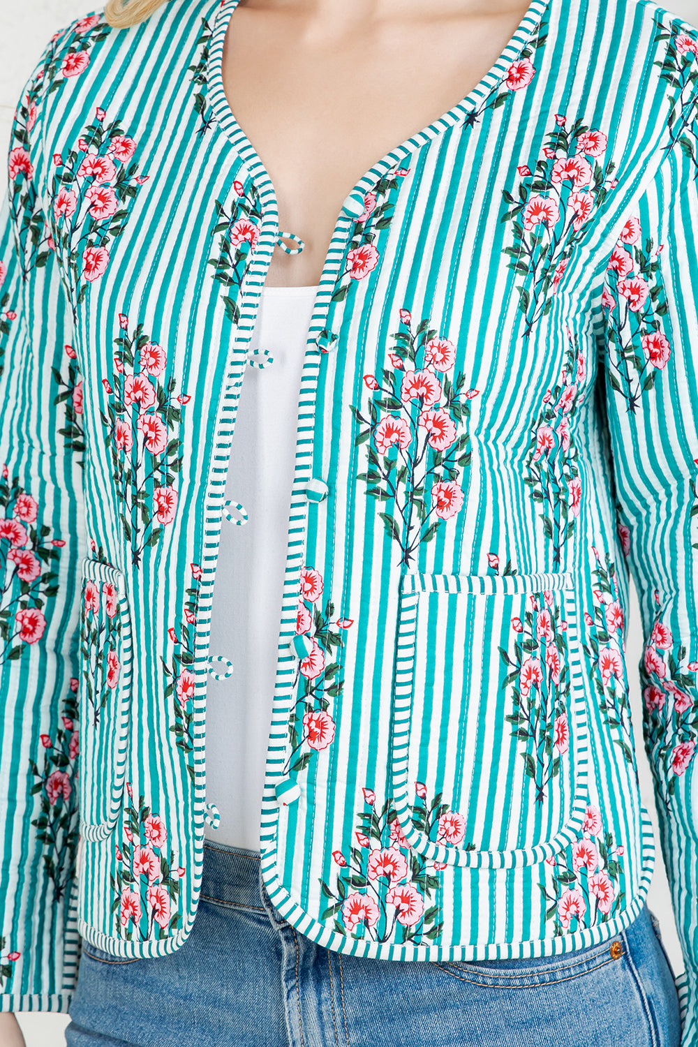 Floral Print Quilted Cotton Jacket - GREEN