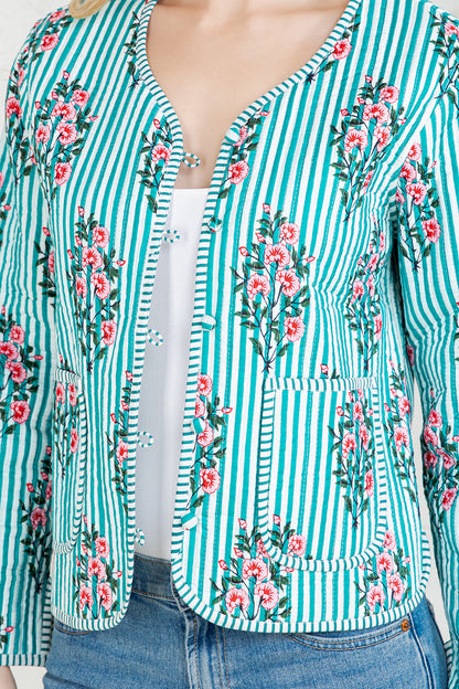 Floral Print Quilted Cotton Jacket - GREEN