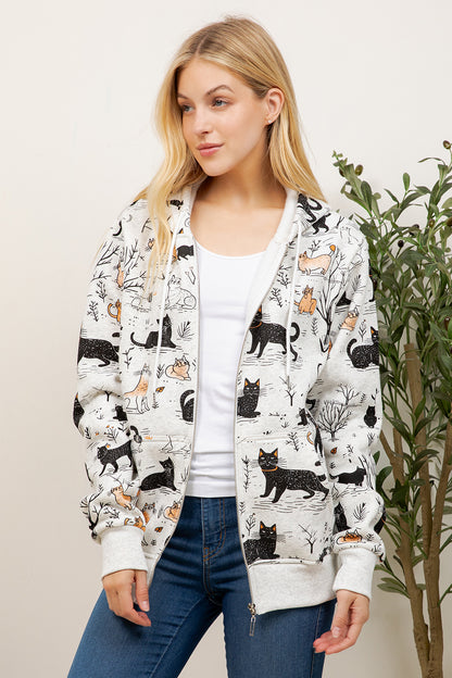 Playful Cat Print Zipper Hoodie