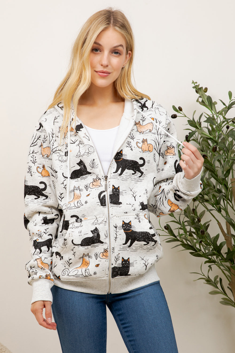 Playful Cat Print Zipper Hoodie