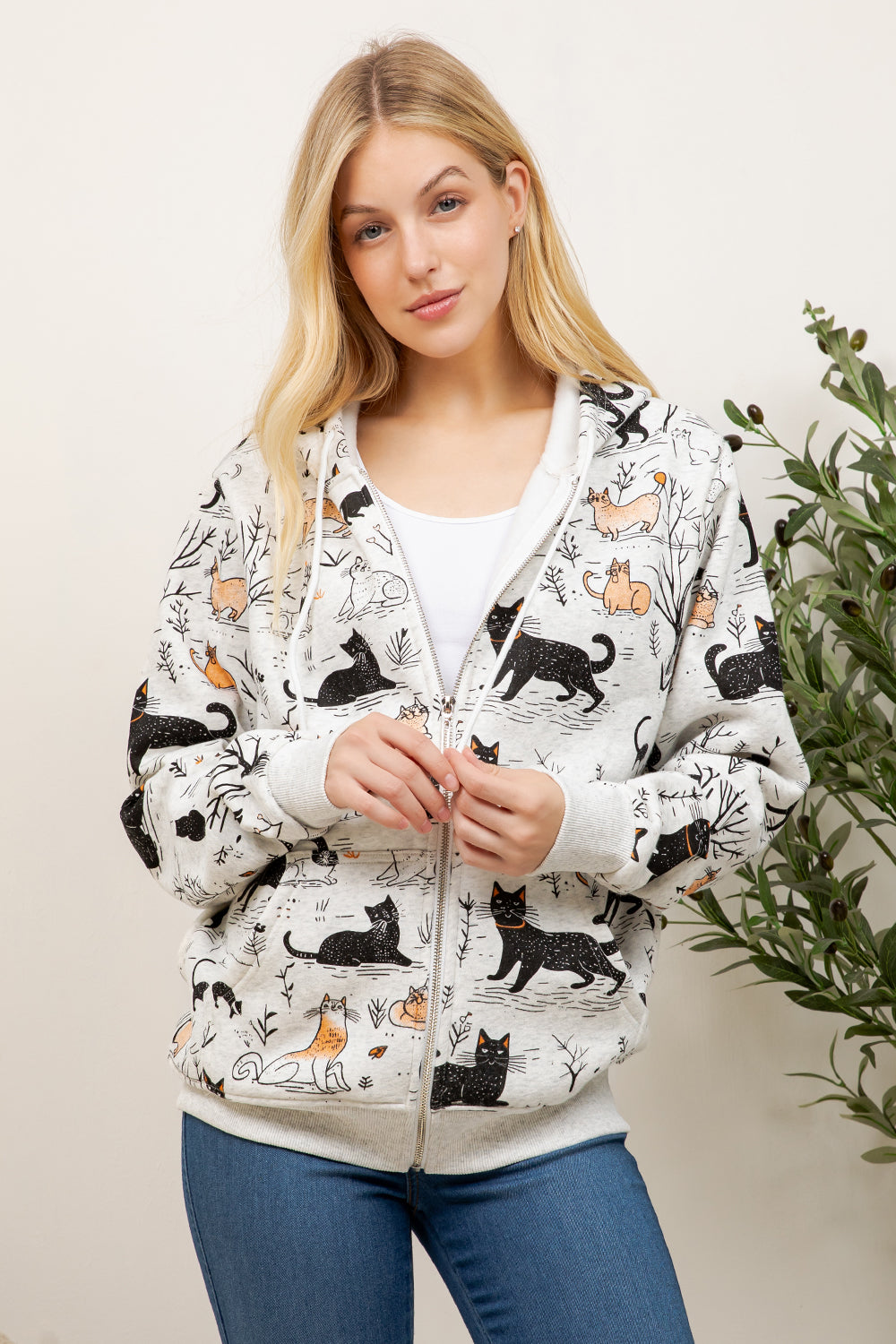 Playful Cat Print Zipper Hoodie