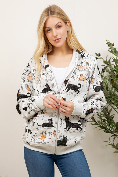 Playful Cat Print Zipper Hoodie
