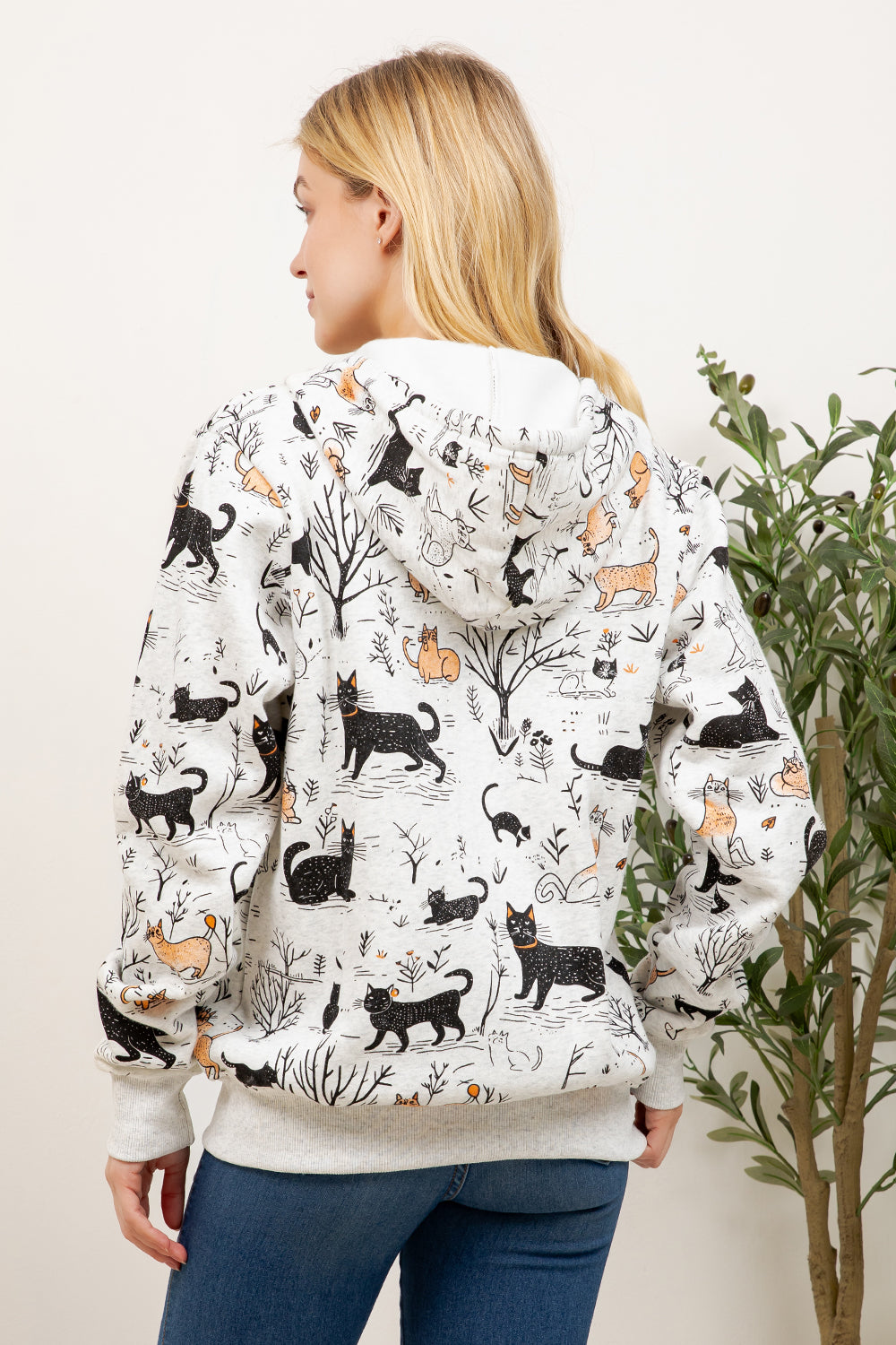 Playful Cat Print Zipper Hoodie