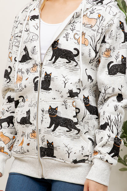 Playful Cat Print Zipper Hoodie