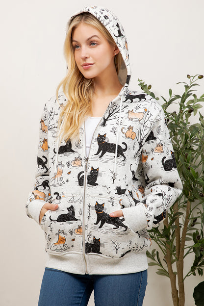 Playful Cat Print Zipper Hoodie