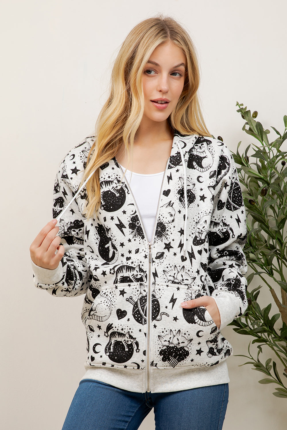 Cosmic Cat Print Zipper Hoodie