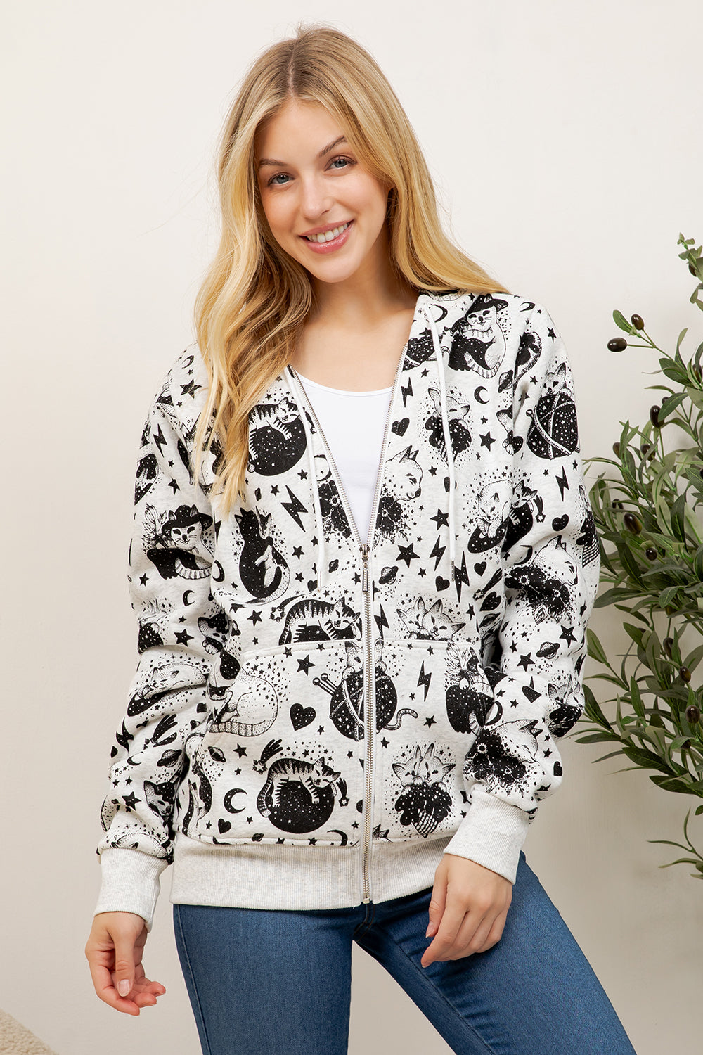 Cosmic Cat Print Zipper Hoodie