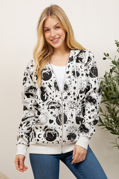 Cosmic Cat Print Zipper Hoodie