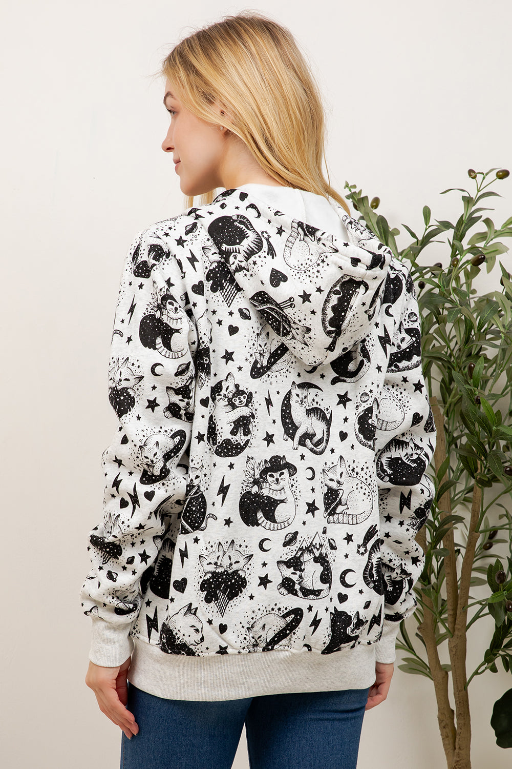 Cosmic Cat Print Zipper Hoodie