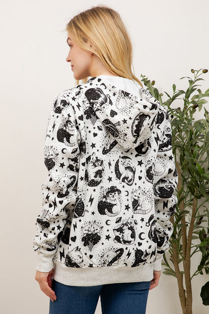 Cosmic Cat Print Zipper Hoodie