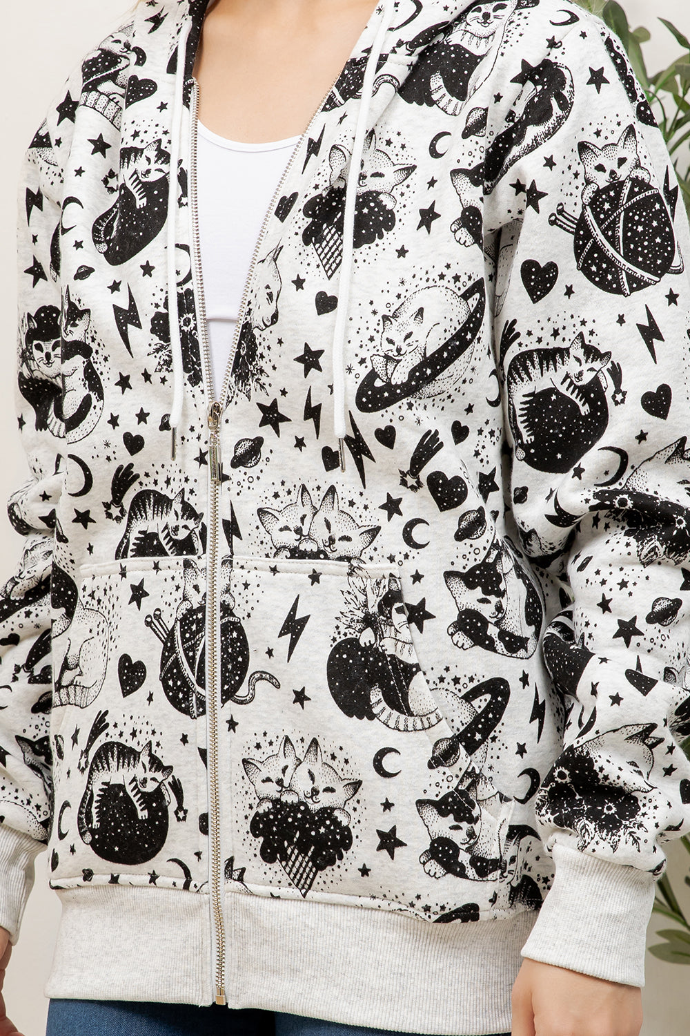 Cosmic Cat Print Zipper Hoodie