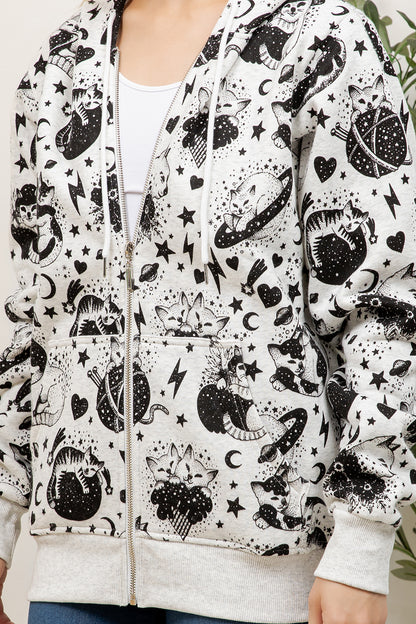 Cosmic Cat Print Zipper Hoodie