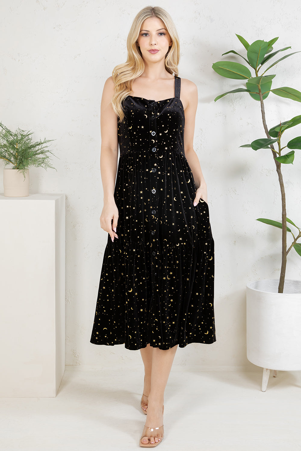 GOLDEN MOON STAR VELVET SMOCKED CAMI DRESS- BLACK