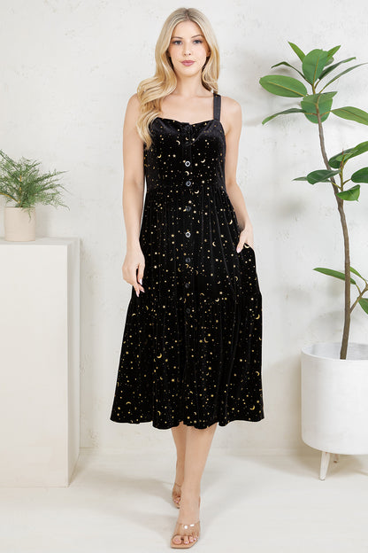 GOLDEN MOON STAR VELVET SMOCKED CAMI DRESS- BLACK