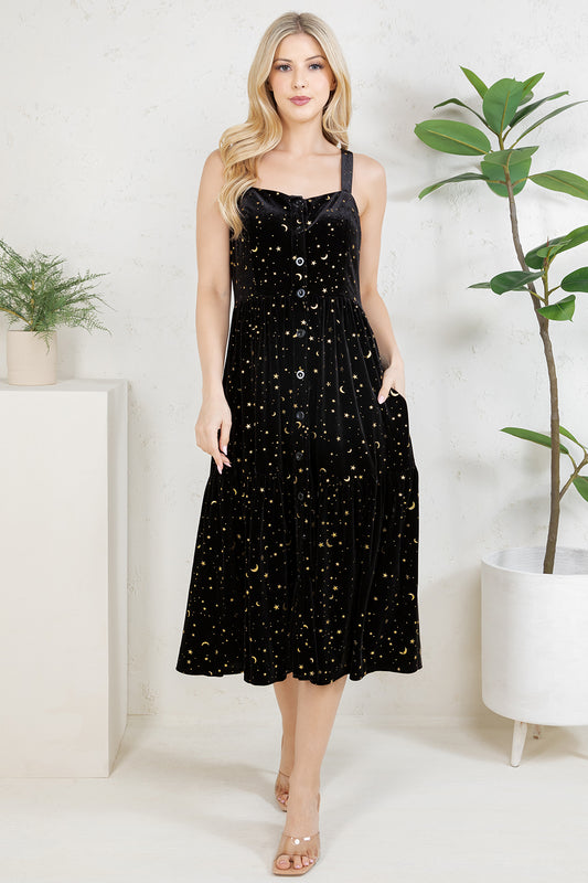 GOLDEN MOON STAR VELVET SMOCKED CAMI DRESS- BLACK
