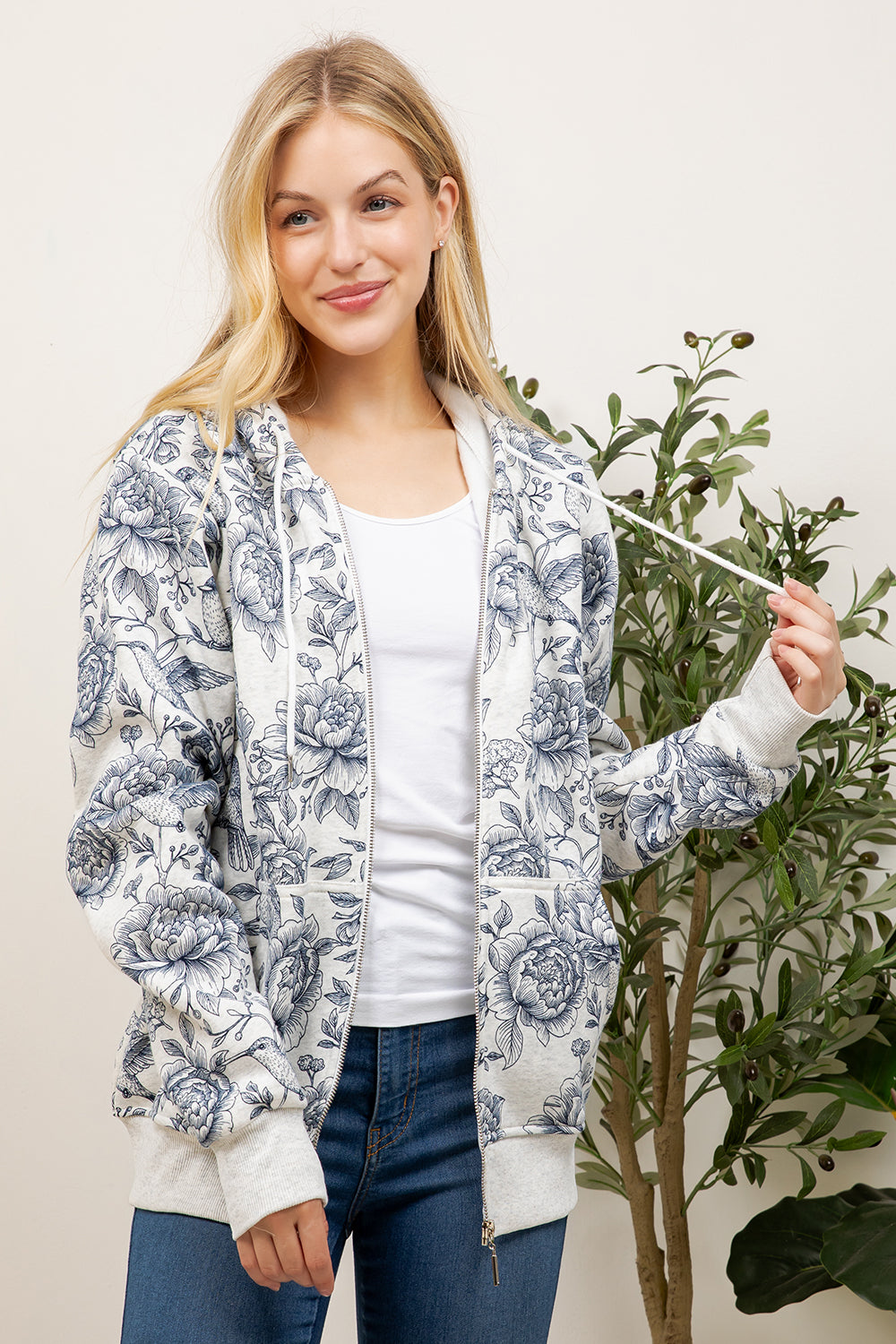 Flower & Garden Print Zipper Hoodie
