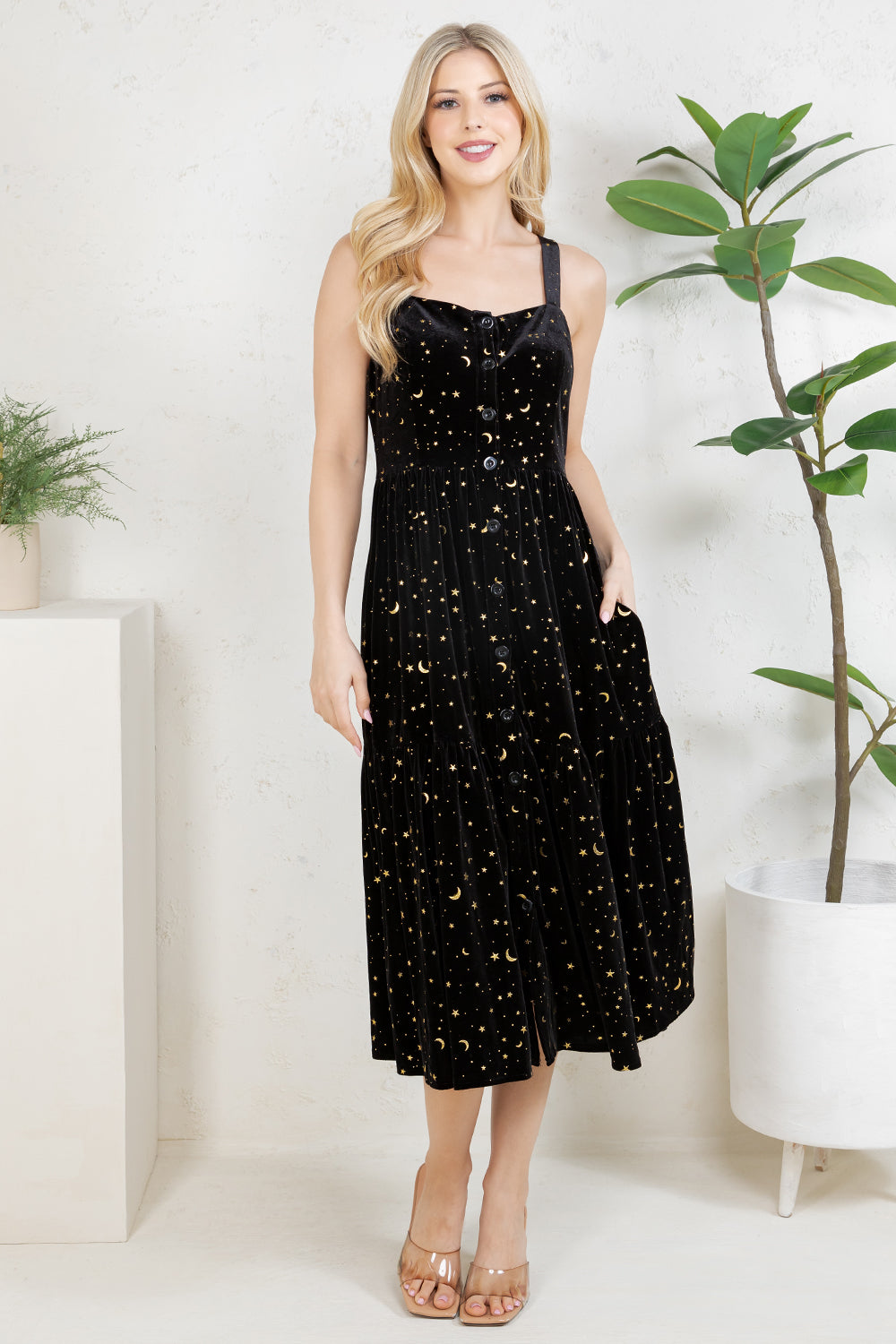GOLDEN MOON STAR VELVET SMOCKED CAMI DRESS- BLACK