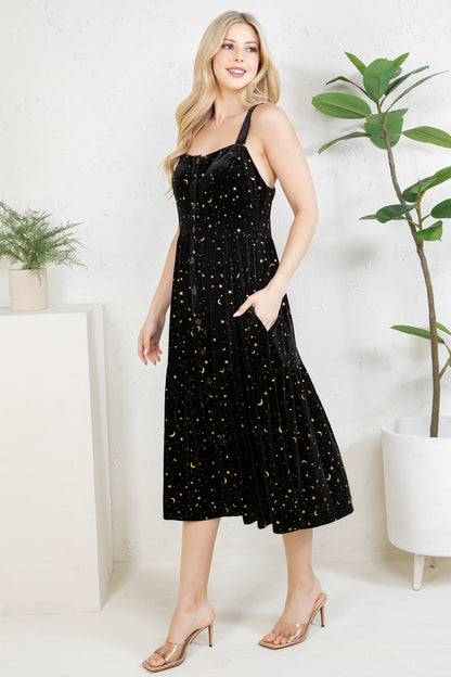 GOLDEN MOON STAR VELVET SMOCKED CAMI DRESS- BLACK