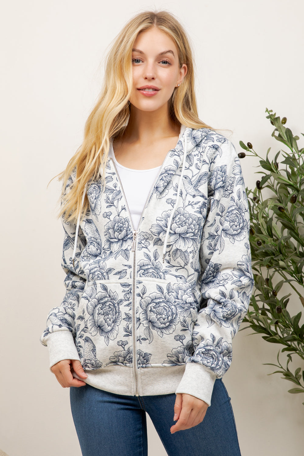 Flower & Garden Print Zipper Hoodie