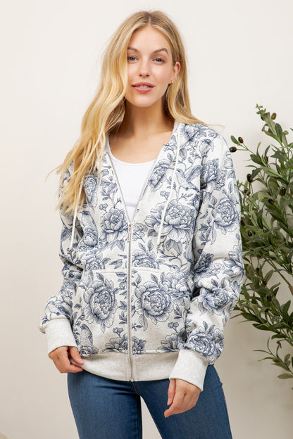 Flower & Garden Print Zipper Hoodie