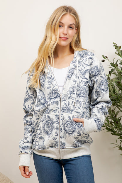 Flower & Garden Print Zipper Hoodie