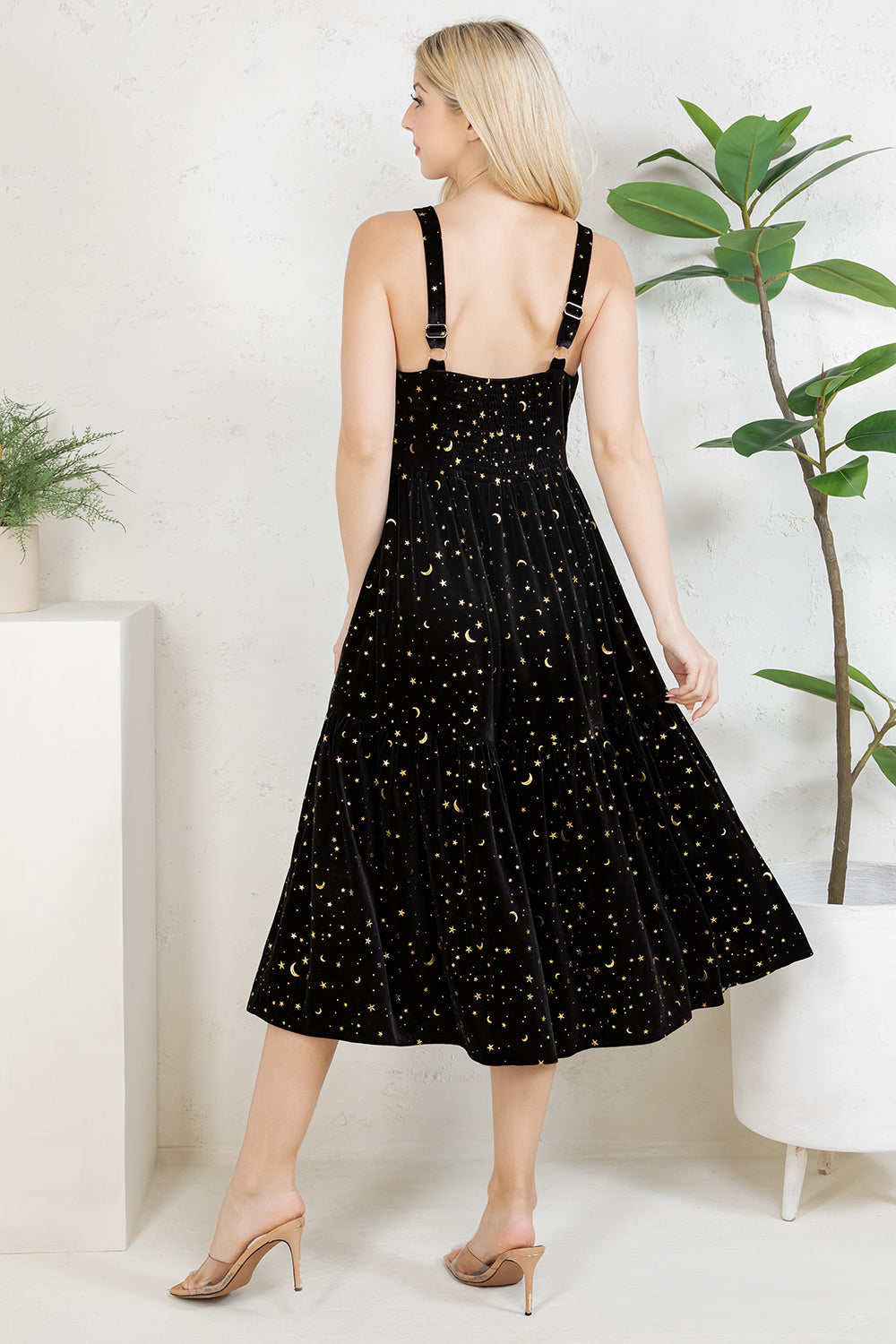 GOLDEN MOON STAR VELVET SMOCKED CAMI DRESS- BLACK