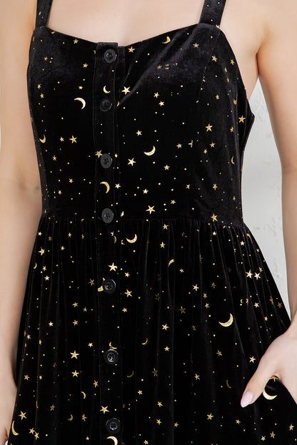 GOLDEN MOON STAR VELVET SMOCKED CAMI DRESS- BLACK