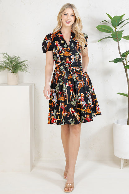 WESTERN PRINT COTTON DRESS - BLACK