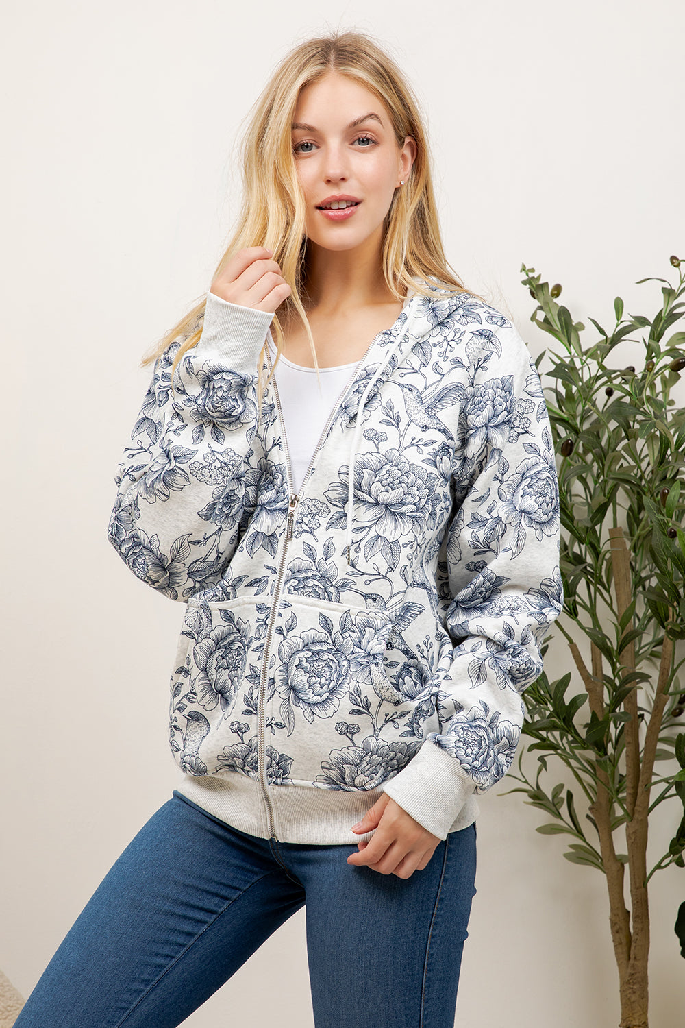 Flower & Garden Print Zipper Hoodie