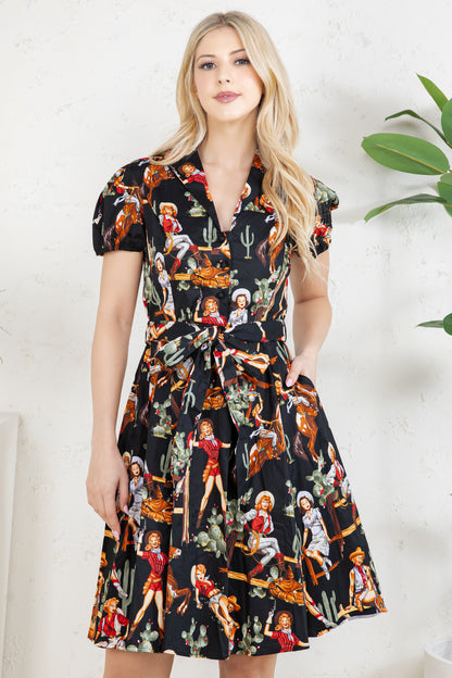 WESTERN PRINT COTTON DRESS - BLACK