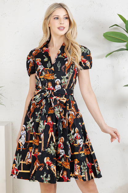 WESTERN PRINT COTTON DRESS - BLACK