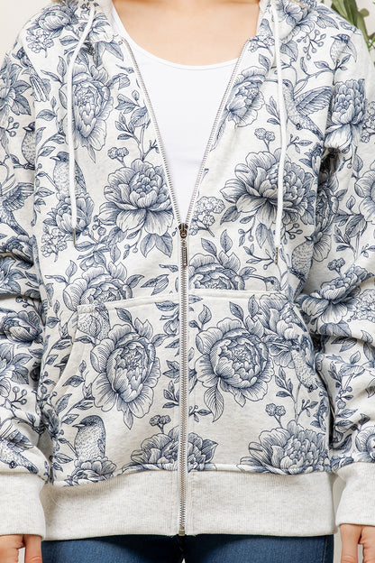 Flower & Garden Print Zipper Hoodie