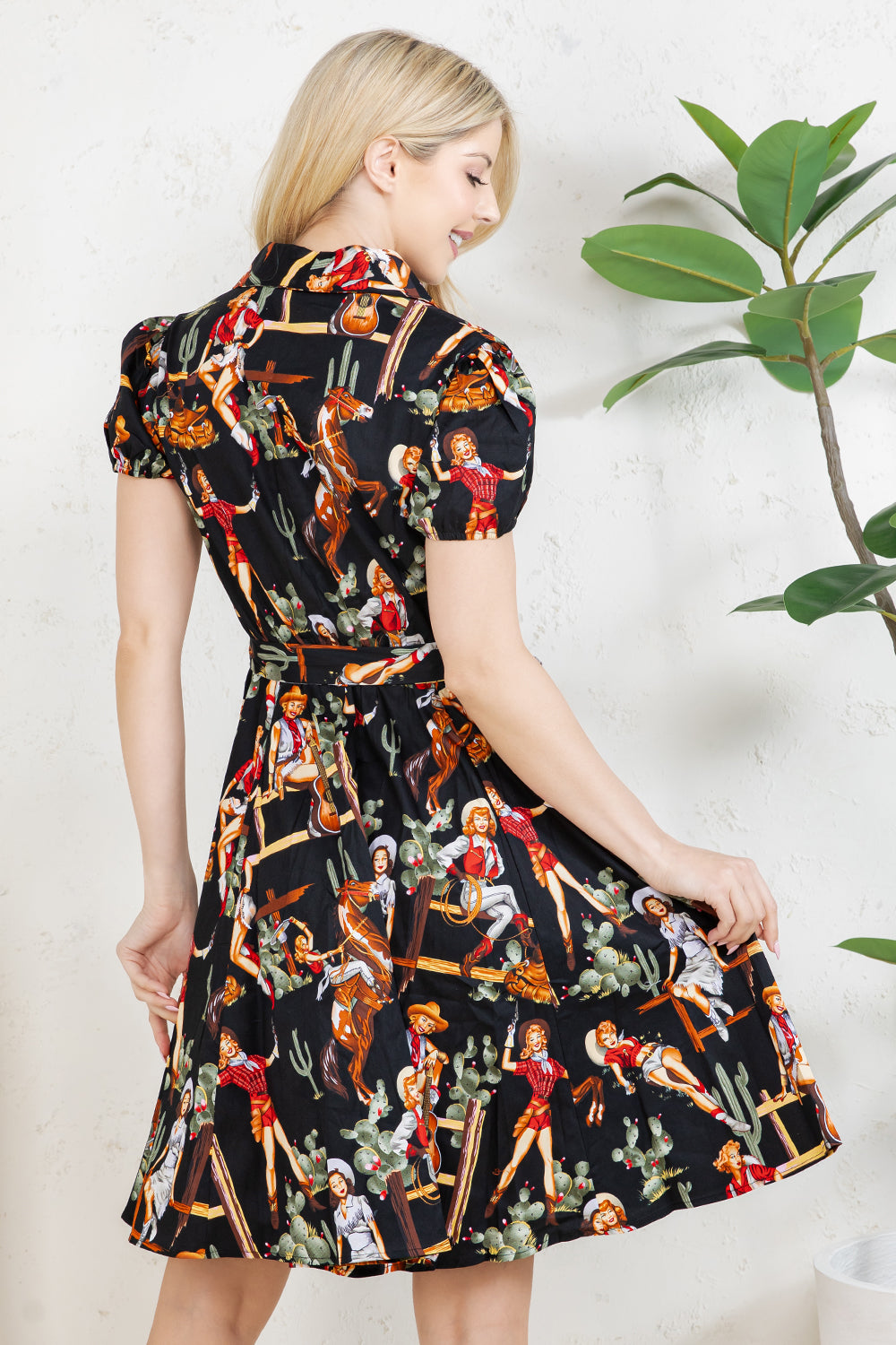 WESTERN PRINT COTTON DRESS - BLACK