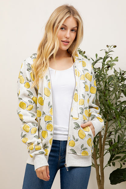 Lemon Print Zipper Hoodie