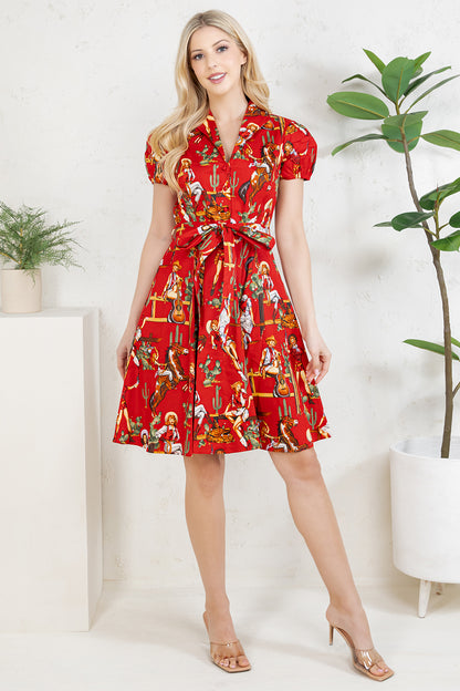 WESTERN PRINT COTTON DRESS - RED