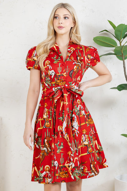 WESTERN PRINT COTTON DRESS - RED