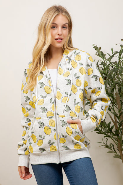 Lemon Print Zipper Hoodie