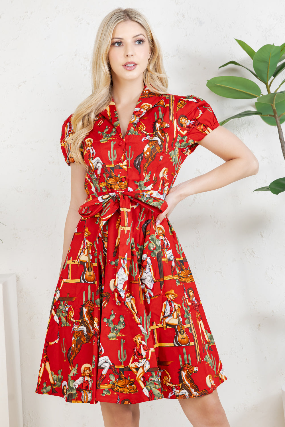 WESTERN PRINT COTTON DRESS - RED